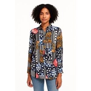 MINKPINK Women’s Blouse Mixed Print Hi Lo Lightweight Collared Button Front, XS